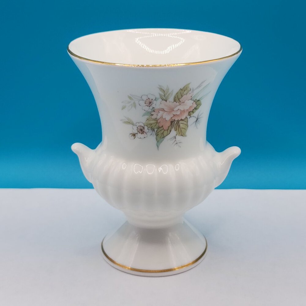 "Brocade" Fine Bone China Small Vase White Gold Floral 4"-Tall